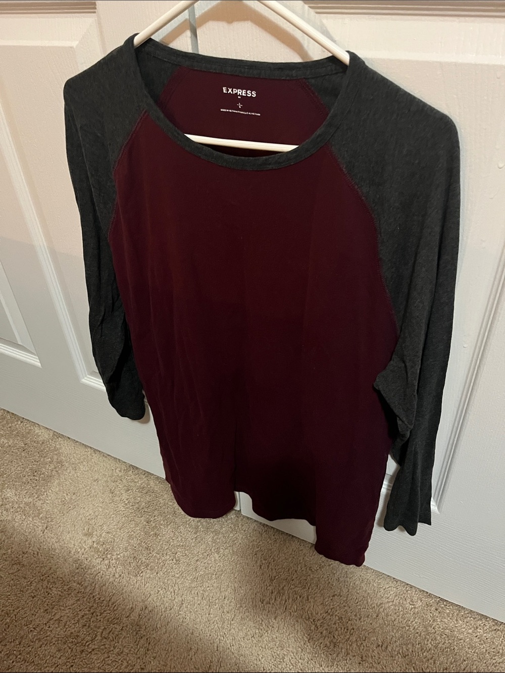 Express Mens Burgundy and Charcoal Raglan Long-Sleeve Top